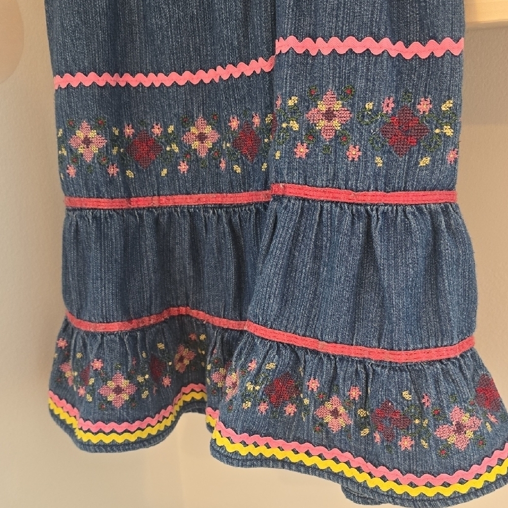 Vintage Embroidered Denim Girls Dress with Pink Floral Accents Size 2 - Picture 3 of 10
